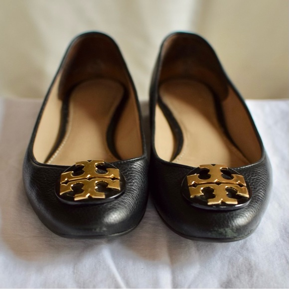 Tory Burch Chelsea Ballet Flat Tumbled Leather Perfect Black Gold - Picture 6 of 11